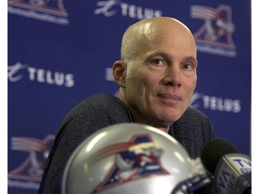 Montreal Alouettes head coach Tom Higgins speaks to the media as the team clears out their lockers Monday, Nov. 24, 2012 in Montreal. The Hamilton Tiger-Cats defeated the Alouettes 40-24 to advance to the Grey Cup game in Vancouver.