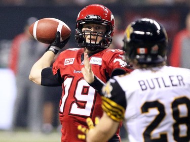 Calgary Stampeders quarterback Bo Levi Mitchell throws zone during the 2014 Grey Cup in Vancouver on Sunday November 30, 2014.