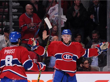 Jiri Sekac celebrates the second-period goal by tLars Eller (not pictured) at the Bell Centre on Tuesday, Nov. 11, 2014..
