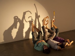 The three members of BGL, in an image used in a poster of the exhibition Postérité, presented at Parisian Laundry in Montreal in 2009. The three artists are Jasmin Bilodeau, Sébastien Giguère and Nicolas Laverdière.