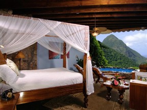 The eco-luxury suites at Ladera in St. Lucia have private plunge pools and open-air facades overlooking the Caribbean Sea.
