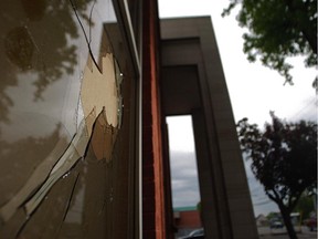 Montreal Gazette file photo: This broken window at the Makkah-al Mukaramah mosque in Pierrefonds on Monday May 26, 2008, was the third incident of vandalism at the mosque in a period of five months.