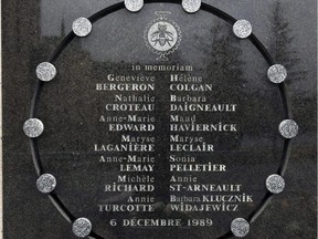 A memorial plaque to the victims adorns a wall of the École Polytechnique in Montreal.