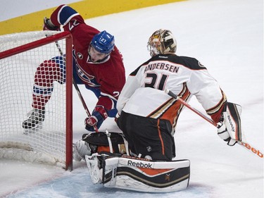 Montreal Canadiens' Alex Galchenyuk can't get the puck past Anaheim Ducks goalie Frederik Andersen during first period NHL hockey action Thursday, December 18, 2014 in Montreal.