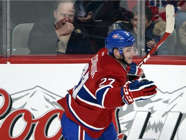 Montreal Canadiens centre Alex Galchenyuk (27) celebrates after scoring his third goal of the game against the Carolina Hurricanes during third period National Hockey League action Tuesday, December 16, 2014 in Montreal.