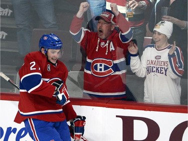 Montreal Canadiens centre Alex Galchenyuk (27) celebrates after scoring his third goal of the game against the Carolina Hurricanes during third period National Hockey League action Tuesday, December 16, 2014 in Montreal.