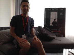 Blurry cellphone photo of Montreal Gazette film critic T'Cha Dunlevy taken by Catherine Keener during the Toronto International Film Festival. (She loved that his shorts matched the pillow.)