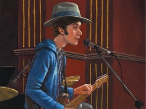 Adam Gustavson's painting of Robbie Robertson performing with The Band in 1976 during their last concert, filmed by Martin Scorsese and titled The Last Waltz. This is the opening illustration of Sebastian Robertson's picture book biography about his father: Rock & Roll Highway, published by Henry Holt.