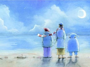 Brooke Kerrigan's illustration of Peter, Santiago and Ahab, the three fishermen in Colleen Sydor's picture book Fishermen Through & Through, published by Red Deer Press, as they gaze out at the water and try to imagine their life without the sea.