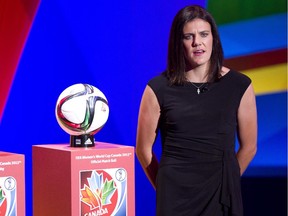 Canadian women's soccer star Christine Sinclair takes part in a ceremony in Gatineau on Dec. 6, 2014 during a FIFA draw for for the  2015 Women's World Cup.