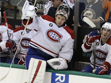 Montreal Canadiens goalie Carey Price (31) heads back into the game after Dallas Stars Ryan Garbutt scored an open net goal during the third period of an NHL hockey game Saturday, Dec. 6, 2014, in Dallas. The Stars won 4-1.