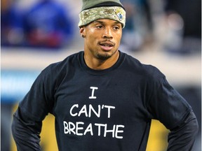 Jacksonville wide receiver Cecil Shorts warms up while wearing an "I Can't Breathe," shirt prior to the Jaguars' NFL game against the Tennessee Titans on Dec. 18, 2014, in Jacksonville, Fla.