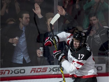 Team Canada's Connor McDavid celebrates his goal against Team Germany during first period preliminary round hockey action at the IIHF World Junior Championship Saturday, December 27, 2014 in Montreal.