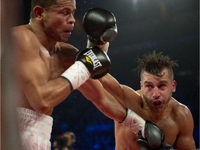 David Lemieux lands punch on Colombia's Jose Miguel Torres during bout in Quebec City on Nov. 30, 2013. Lemieux won the fight.