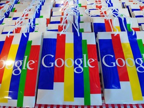 The Google logo is pretty bright on these bags dressed up for a press conference Nov. 18, 2010.