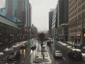 A view of foggy McGill College Ave. in downtown Montreal Dec. 16, 2014.