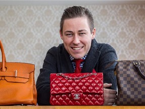 Fred Mannella, CEO of LXR & Co, poses in his Montreal office with a few of the vintage luxury bags he sells online and in stores in Beverly Hills, New York and Toronto. From left, a Hermès shoulder Birkin, $7,995, Chanel 2.55, $4995, and Louis Vuitton Speedy Damier, $695.