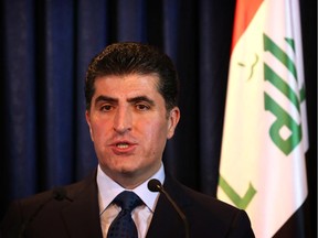 Iraqi Kurdish premier Nechirvan Barzani speaks during a joint conference with Italian Foreign Minister Giulio Terzi on December 23, 2014 in Arbil, the capital of the Kurdish autonomous region in northern Iraq.