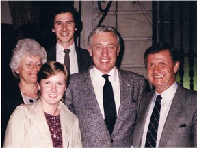 Left to right: Élise Béliveau, Norah Convery, Jim Baine, Jean Béliveau and Dick Baine on the steps at Chez La Mère Michel restaurant on Guy St. in Montreal during the spring of 1984. Dick Baine, a huge Jean Béliveau fan living in Toronto, wrote a letter to the Hall of Famer asking if he would join his family for dinner when he was in Montreal and Béliveau and his wife accepted.