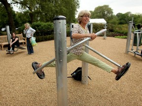 It's never too late to reap the benefits of exercise: Tessa Morrison does a high-intensity workout in London's first Senior Playground in Hyde Park in May 2010 in London, England.