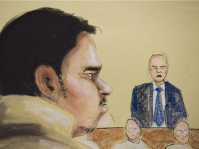 An artitst's sketch shows Luka Magnotta at the Montreal Courthouse, Tuesday, as he hears the jury's verdict in his case.