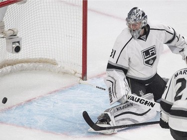 Los Angeles Kings goaltender Martin Jones is scored on by Montreal Canadiens' P.K. Subban (not shown) during first period NHL hockey action in Montreal, Friday, December 12, 2014.
