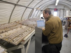Uranium core samples are being checked at Ressources Strateco mine in May 2009 at the Matoush project site in northern Quebec.