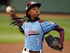 Pennsylvania's Mo'ne Davis delivers a pitch  against Tennessee during a Little League 
World Series baseball game on Aug. 15, 2014  in South Williamsport, Pa.