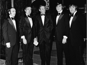 Canadiens legend Jean Béliveau is surrounded by four future Hall of Famers in this early 1970s photo, including Guy Lapointe at far right. From left: Jacques Lemaire, Frank Mahovlich, Béliveau, Serge Savard, Lapointe.