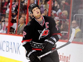 Hurricanes captain Eric Staal reacts after missing a penalty shot against Canadiens goalie Carey Price during game at the PNC Arena on March 7, 2013 in Raleigh, N.C.