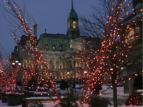 Montreal City hall building  dressed up for the holidays.