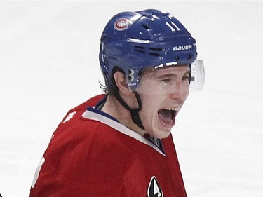 Montreal Canadiens Brendan Gallagher celebrates his second-period goal against the Vancouver Canucks during National Hockey League game in Montreal Tuesday December 09, 2014.