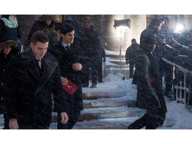 Montreal Canadiens centre Alex Galchenyuk, left to right, Montreal Canadiens left wing Max Pacioretty and Montreal Canadiens defenceman P.K. Subban leave Mary Queen of the World Cathedral after the funeral for Montreal Canadiens legend Jean Béliveau in Montreal on Wednesday December 10, 2014.