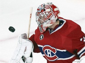 Canadiens goalie Carey Price makes a blocker save during game against the Los Angeles Kings at the Bell Centre on Dec. 12, 2014.