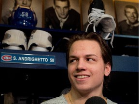 Canadiens rookie forward Sven Andrighetto speaks with the media in locker room at the Bell Sports Complex in Brossard after practice on Dec. 14, 2014.