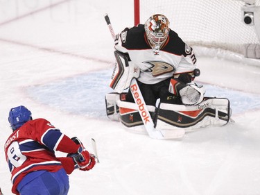 Anaheim Ducks goalie Frederik Andersen makes save on shot by Montreal Canadiens Brandon Prust during second period of National Hockey League in Montreal Thursday December 18, 2014.