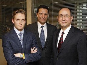 MONTREAL, QUE.:  DECEMBER 18, 2014 --  Cameron Fortin of Formula Growth Ltd., left, Bernard Gauthier of Jarislowsky Fraser Ltd, middle and William Kovalchuk of Claret Asset Management , right, are the three investment professionals who participate in the Gazette's annual look back and look forward for investors. (Marie-France Coallier / Montreal Gazette)