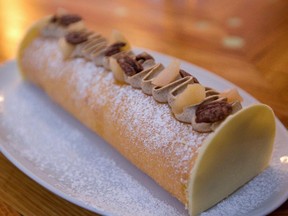 MONTREAL, QUE.: DECEMBER 3, 2014 -- A buche de noël made by Stéphanie Labelle,  pastry chef/owner of Pâtisserie Rhubarbe in Montreal Wednesday, December 3, 2014. (John Kenney / MONTREAL GAZETTE)