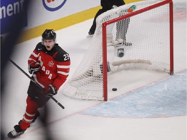 Sam Reinhart celebrates his empty net goal for Team Canada against Team USA, during third period preliminary round hockey action at the IIHF World Junior Championship in Montreal on Wednesday December 31, 2014.
