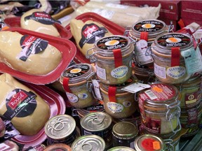 Duck foie gras, the ultimate luxury food, is easy to find in Montreal markets. Above: Foie gras at Boucherie de Tours in the Atwater Market in January.