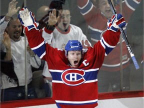 Canadiens captain Saku Koivu celebrates his goal in overtime against the Tampa Bay Lightning at the Bell Centre on March 26, 2009 to give the Habs a 3-2 win.