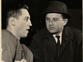 Canadiens legend Jean Béliveau and reporter Red Fisher in the early 1960s.