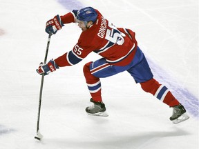 Canadiens defenceman Sergei Gonchar makes a pass against the Pittsburgh Penguins during game at the Bell Centre on Nov. 18, 2014.