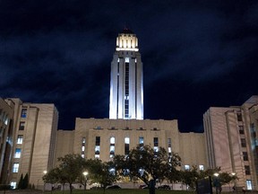 A night time view of the main building and bell tower of University of Montreal in Montreal on Thursday September 11, 2014.