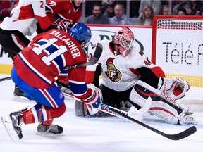 Canadiens' Brendan Gallagher shoots the puck past Senators goalie Robin Lehner to score during the NHL game at the Bell Centre on December 20, 2014, at the Bell Centre.