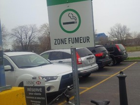 POINTE-CLAIRE - Designated smoking area, Zone Fumeur, located in the parking lot of an office building at 1000 St. Jean Blvd. in Pointe-Claire. It has won over few of the smokers it was created to attract away from the building's front doors. Photo Credit: CHERYL CORNACCHIA/MONTREAL GAZETTE