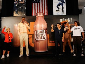 Gold Medalists Shawn Johnson, Chris Bosh, Apolo Anton Ohno and Elana Meyers launch the Refuel America Program and unveil the newest Milk Mustache ads at the 92nd Street Y on August 11, 2010 in New York City.