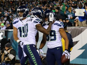 Doug Baldwin, No. 89 of the Seattle Seahawks, celebrates his touchdown against the Eagles during game at Lincoln Financial Field in Philadelphia on Dec. 7, 2014. The Seahawks won 24-14.