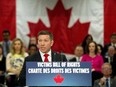 Former NHL player and victim to sexual abuse Sheldon Kennedy speaks after Prime Minister Stephen Harper announced the induction of legislation to create a Canadian Victims Bill of Rights in Toronto on April 3, 2014.
