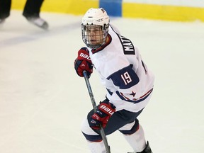 Auston Matthews of Team USA skates against Sweden during exhibition game at the U.S. junior evaluation camp in Lake Placid, N.Y., on Aug. 3, 2014.